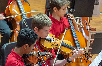 Three boys playing string instruments