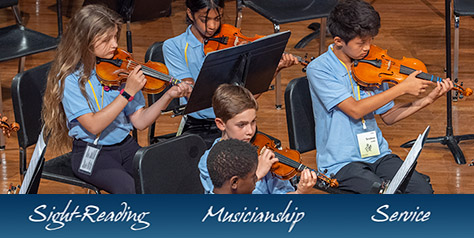 children playing violins with copy